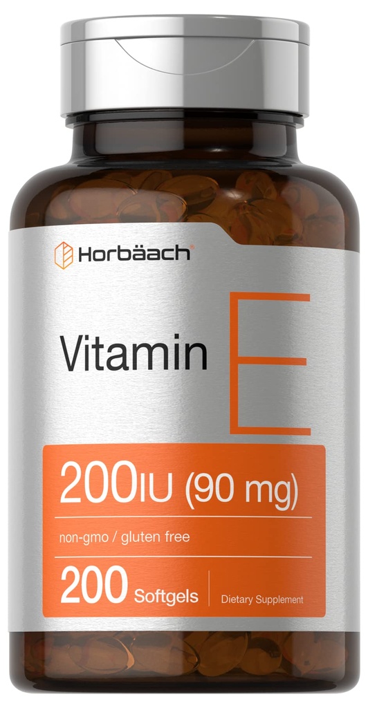 Horbäach Vitamin E Softgel Capsules 200 IU | 90 mg 补充 | 200 Counter | 非GMO 和 Gluten 自由公式