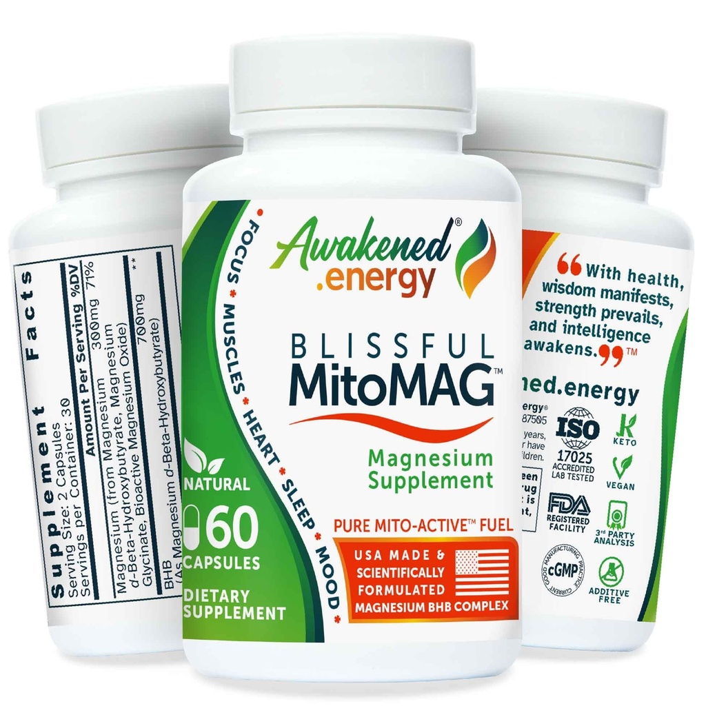 Blissful MitoMag – 300mg 元素镁复合体:Mg Glycnit,Mg BHB – 睡眠肌肉 Mood 能量认知焦点 – All Natural, USA Made, no Additives – 60 Vegan Capsules 补编
