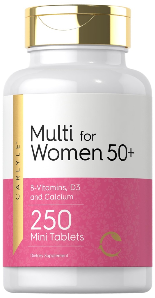 Carlyle Multivitamin for Women 50 Plus 250 mini Tablets 250 mini Tablets 250 mini Free 补充 维生素 A, B12, C, D3, Folate(作为Folic Acid)和钙 → Non-GMO, Gluten Free
