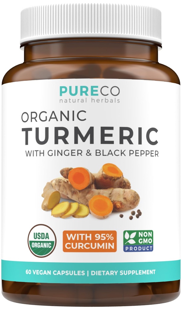 Organic Turmeric Ginger Black Pepper Supplement - High Potency Organic Turmeric Curcumin Capsules with Ginger & Black Pepper for Enhanced Benefits and Absorption - Vegan & Non-GMO (1 Month Supply)