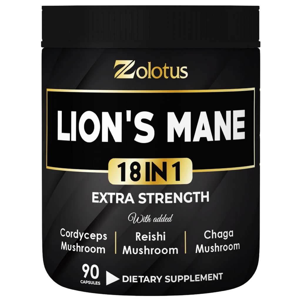 Zolotus Lions Mane蘑菇综合设施 配有 Cordeyceps, 长老莓, Ginkgo Biloba, Bacopa - 90 Capsules