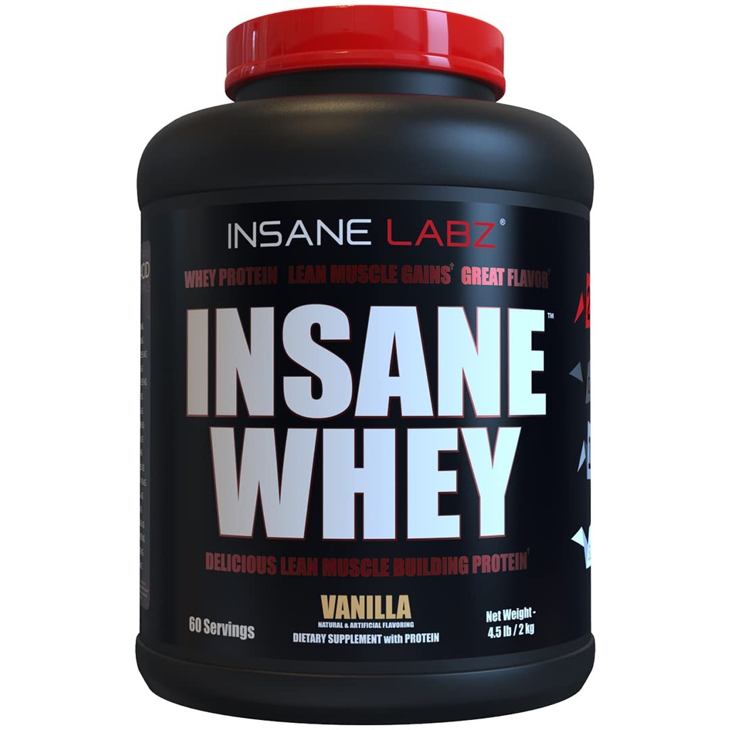 Insane Labz Insane Whey 100% 肌肉建筑 Whey蛋白, 工作后, BCAA 氨基简况, 质量增益器, 食品替换, 5lbs, 60 Srvgs, (Vanilla)