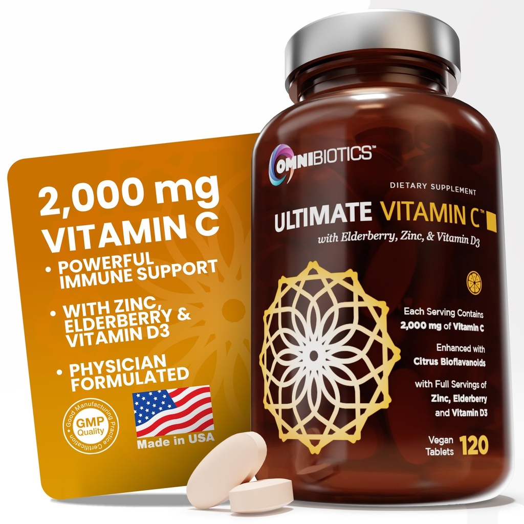 OmniBiotics Ultimate Vitamin C Supplement 2000 mg — 配有锌、老莓提取剂和 D3 — 高概率免疫支持和Collagen助推器 — 120 Vegan 片