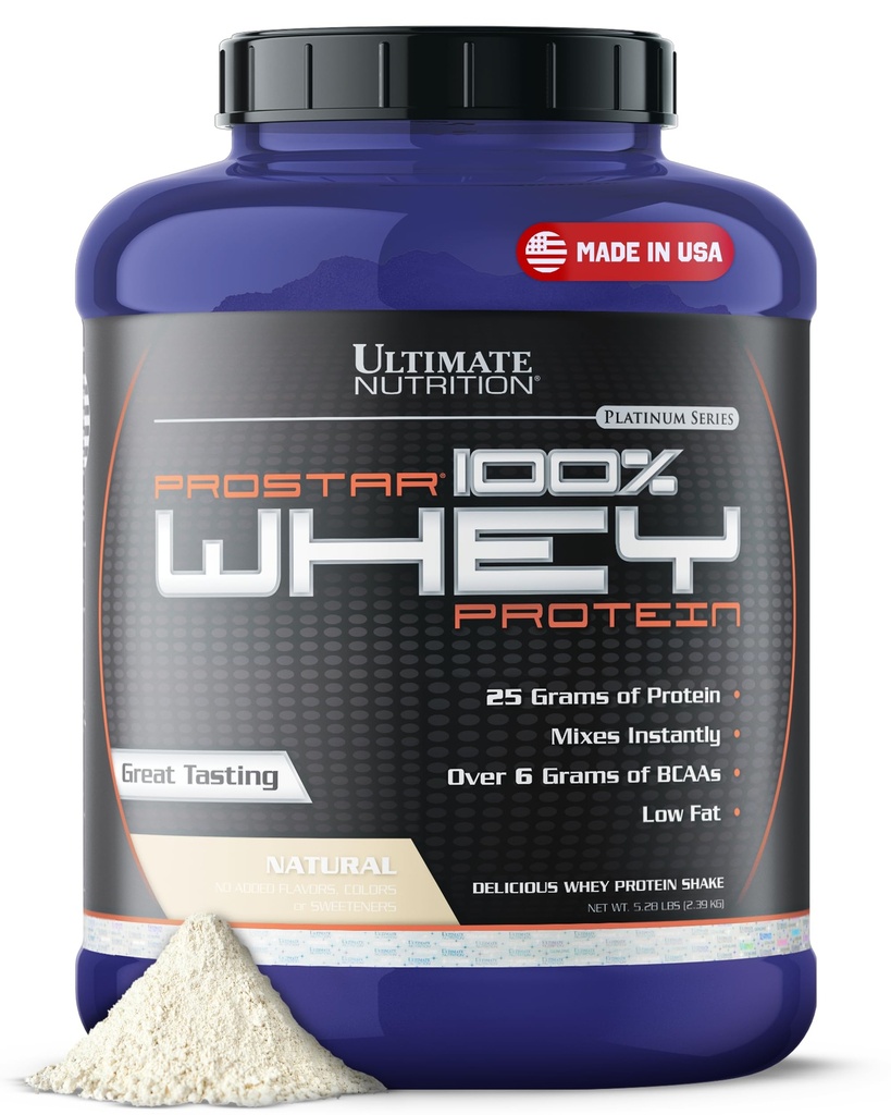 Ultimate Nutrition Prostar Whey Protein Isolate, Natural, 5.28 lb | 25g Whey Protein Isolate Per Serving, Low Carb, Low Fat, Over 6g BCAAs, Fast Absorbing Formula For Muscle Gain And Recovery