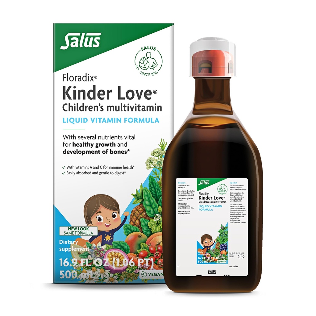 Floradix Kinder Love Children's Multivitamin - 草药补充剂 - Liquid Multivitamin for kids - 维生素A, C, D & E, Calcium & More - 蔬菜, Non-GMO, Gluten - Free - 16.9 fl oz