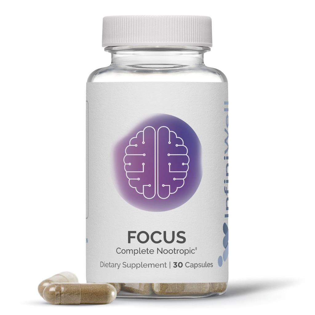 InfiniWell Focus 补充 - 突破诺特罗比语 - 辅助脑健康与工作记忆支持 - 优化日常神经处理,精神敏锐,能量与认知功能(30 Capsules)
