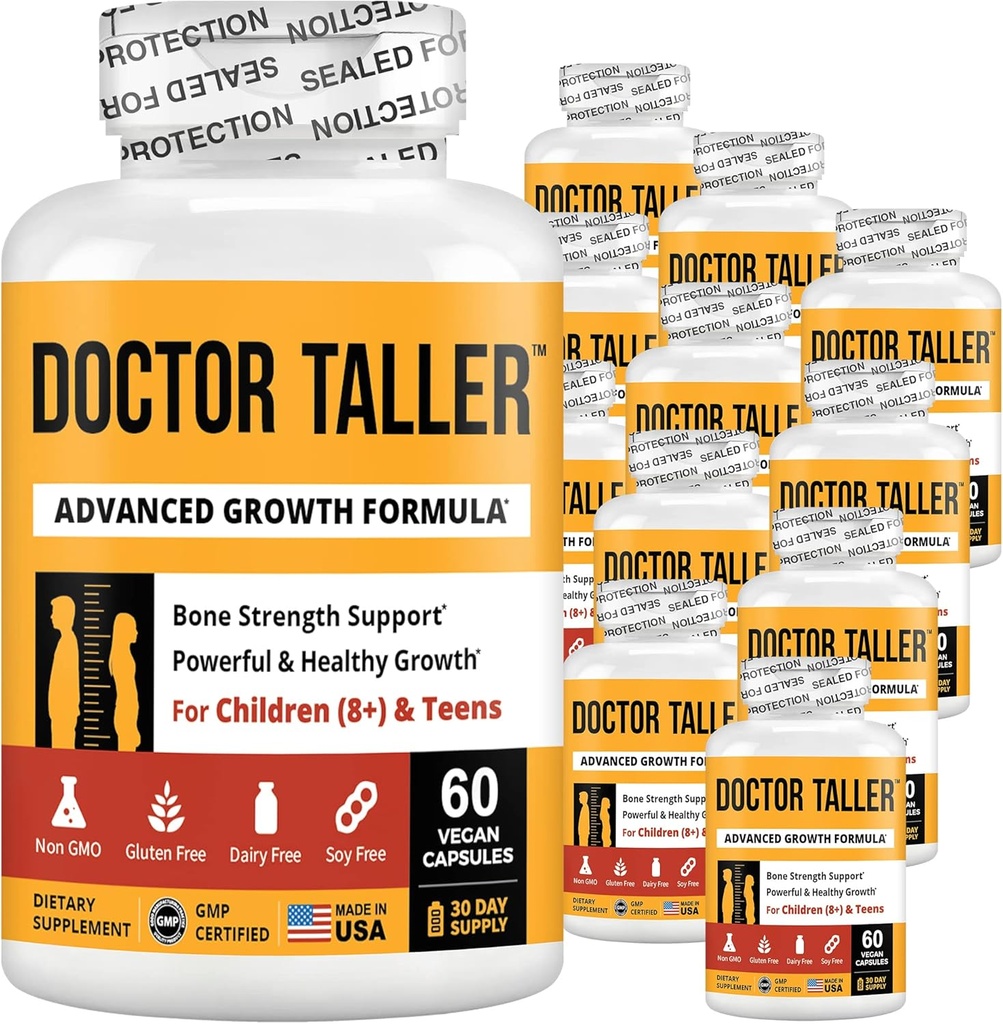 营养最好的医生Taller - 高度生长公式 - 支持高度生长和豁免 - Keto与钙,维生素D3,维生素K2,氨基酸和草药用于儿童(8+) - 12 Pack QQ 12个月供应