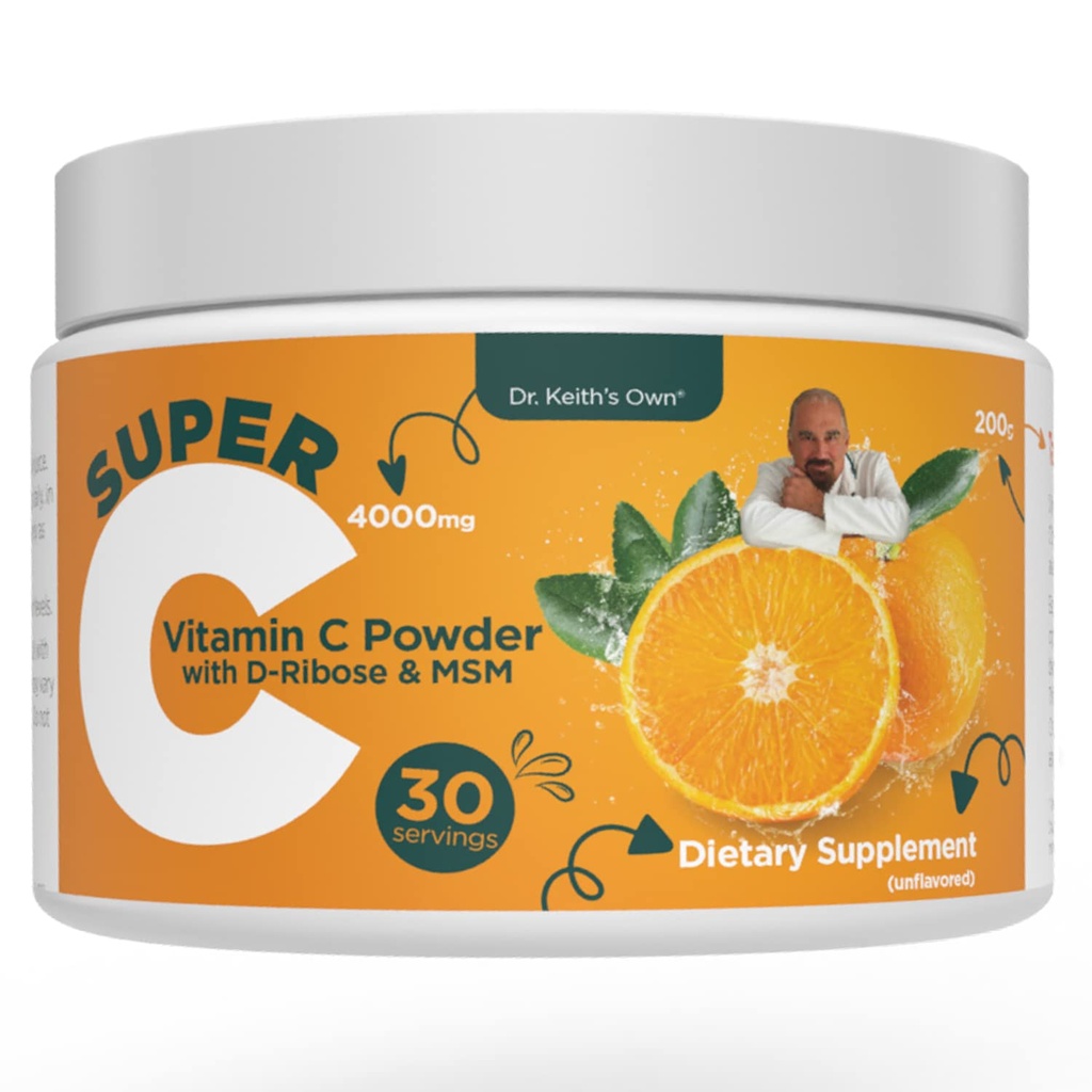 Keith博士的超级C-高剂量粉末维生素C 4000mg 配有D-Ribose、Glycine、MSM-High Absobable、胃友、Collagen Boost、Immune支助-Unflavored、200格拉姆(30个服务)