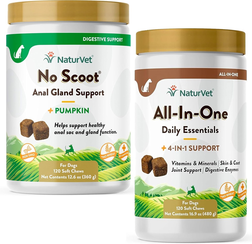 NaturVet All-in-One Dog Supplement - 用于联合支持,文摘,皮肤,煤炭护理 – 120 Soft Chews & No Scoot for Dogs - 120 Soft Chews - 支持健康肛门Gland & Bowel 函数