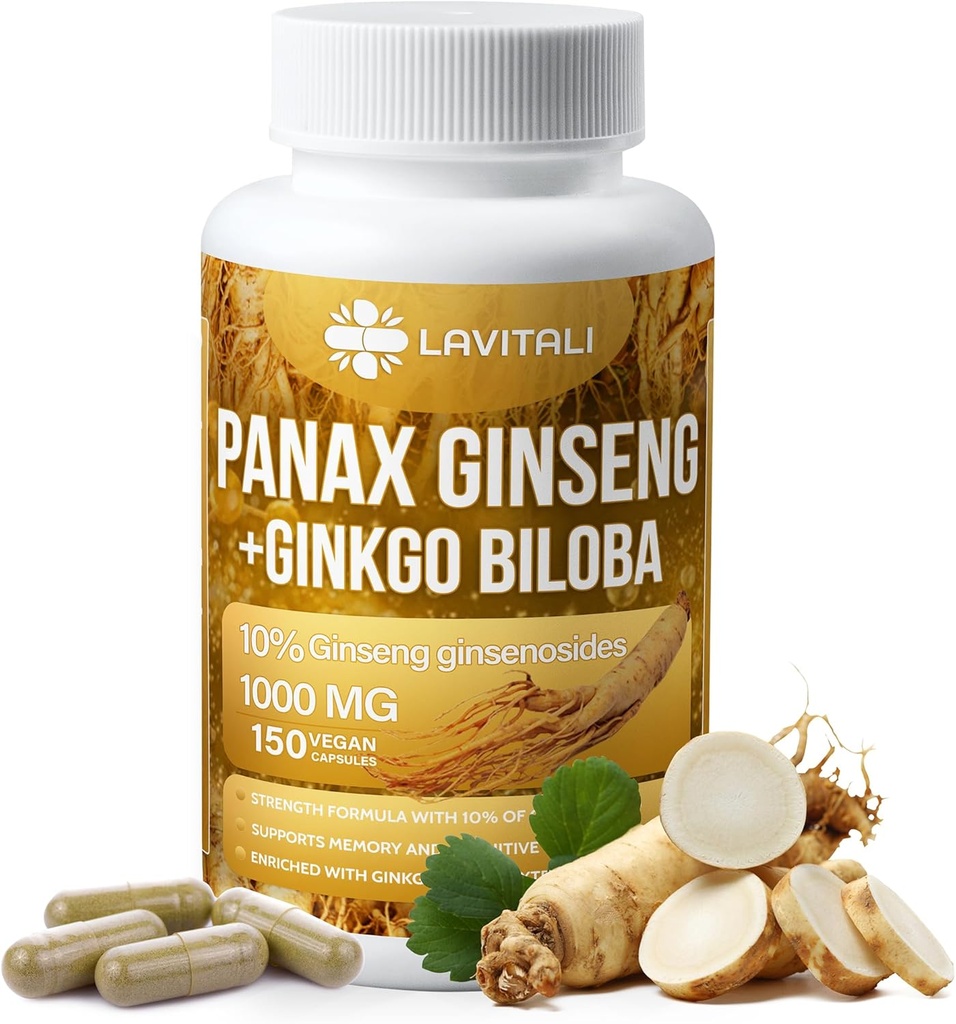 Ginseng & Ginkgo Biloba 150 Veggie Capsules, Energy Ginseng 根提取粉, 配有 Ginkgo Biloba 提取粉, 100% Natural & Non-GMO, Vegan, Gluten Free, 奶制品自由