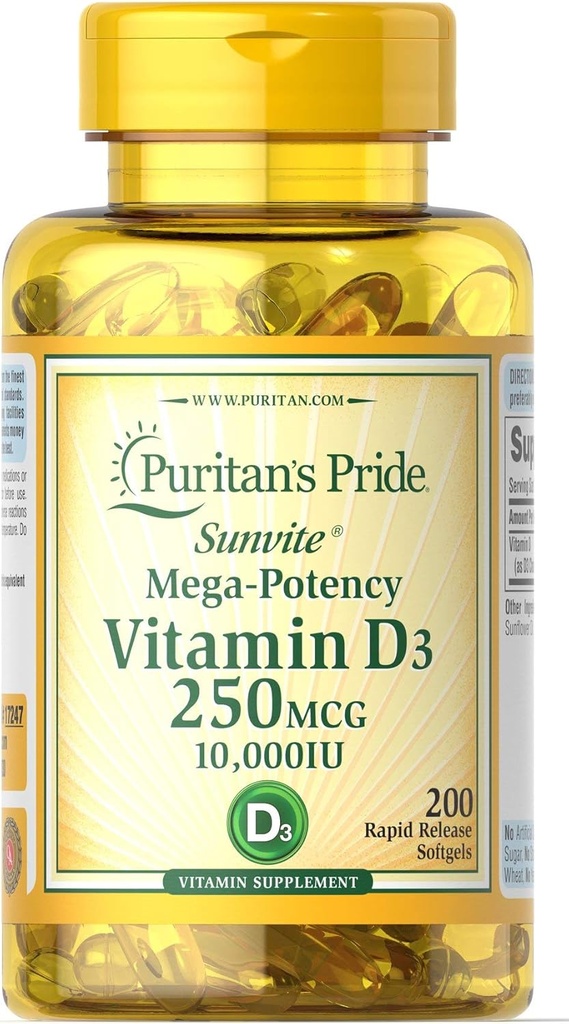 清教徒的骄傲维生素D3 250 mcg (10,000 IU) 软胶,200 count