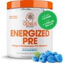 Genius Energized Pre Workingout Powder – 配有 Beta Alanine & Alpha GPC 的咖啡因浸泡工作前助推器补充剂,无人工甜品或Dyes - 200mg Cafeine, 20 services, Blue Raspberry