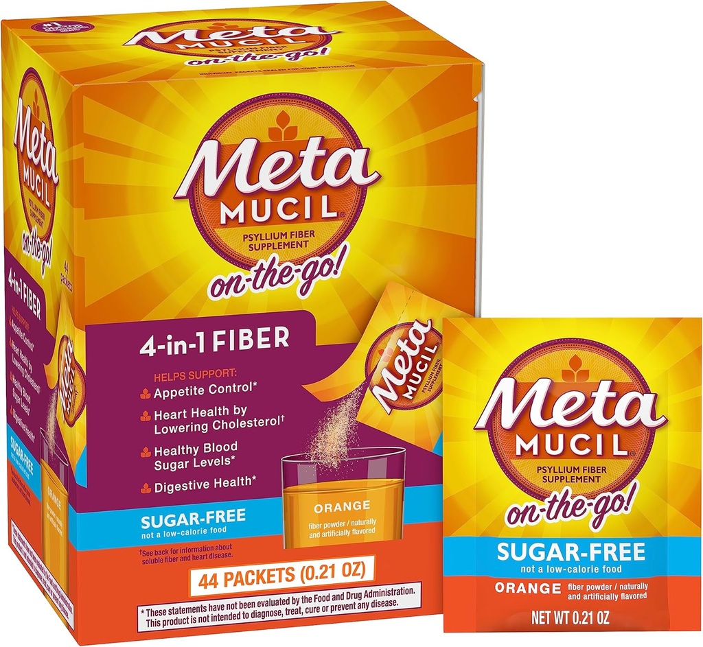 Metamucil On-The-Go, Daily Psyllium Husk 粉末补充剂,无糖粉,4-in-1 Fiber用于消化健康,橙色火焰饮料,44包