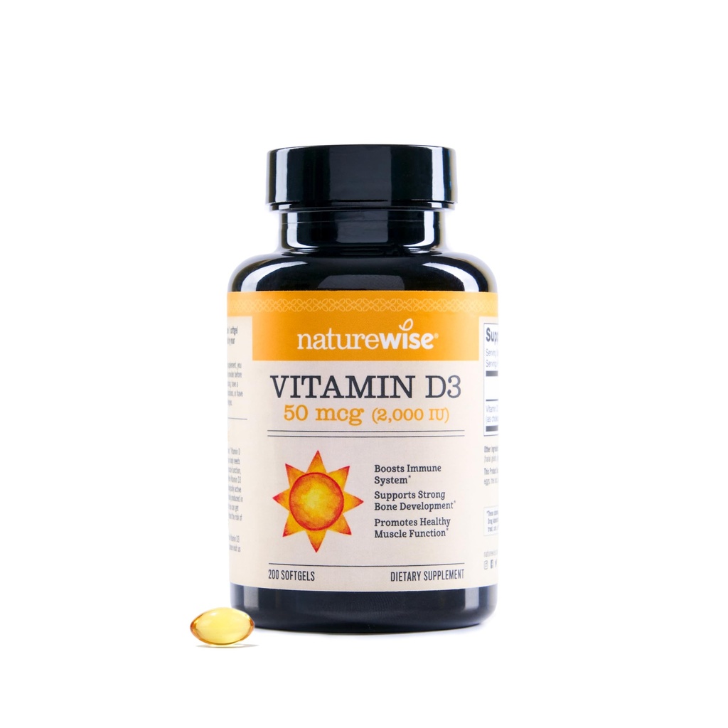 NatureWise Vitamin D3 2000iu(50 mcg),200天用于免疫支持、健康肌肉功能和骨质健康-非GMO,Gluten Free in Organic Extra Virgin Olive Oil(Mini Softgel),200 Counter
