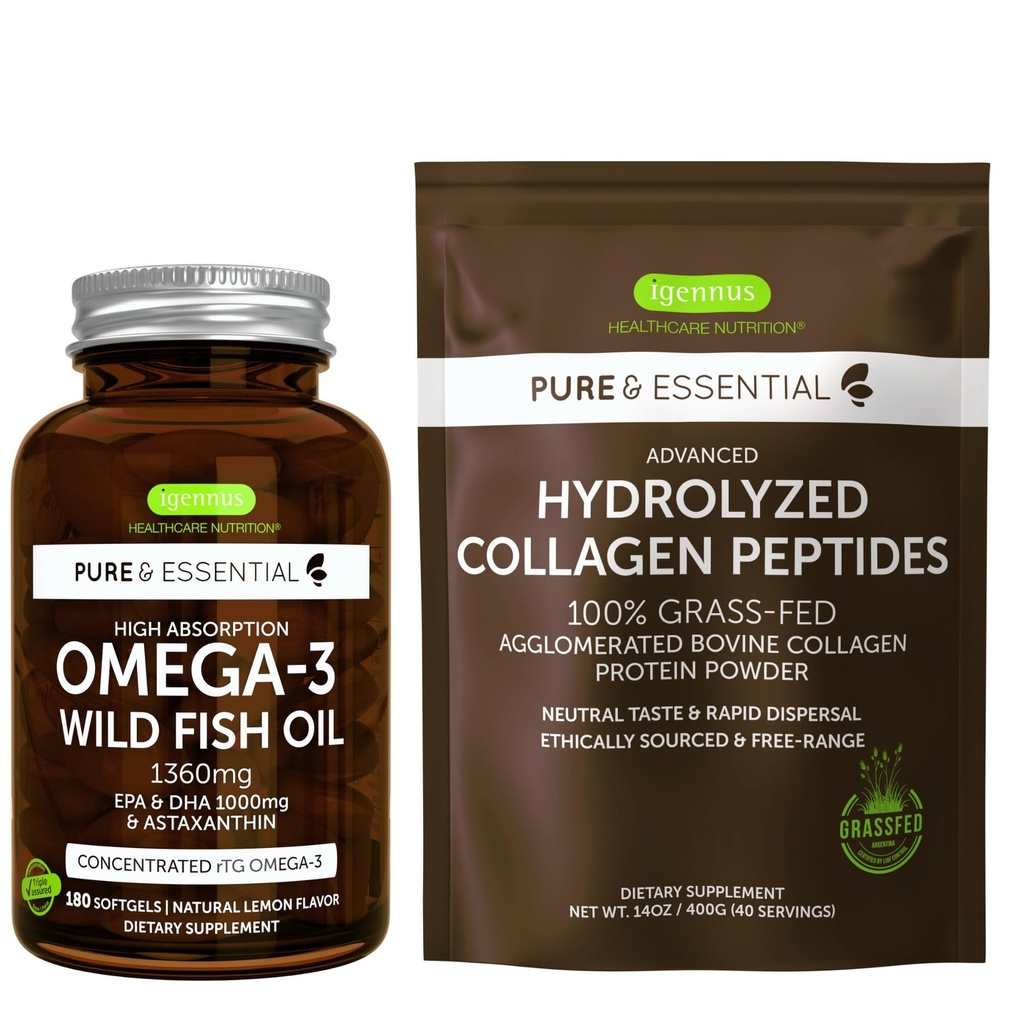 高吸收度 Omega-3 野鱼油 1360mg 和高级水解Collagen Peptides Bundle, 1000mg EPA & DHA 与 Astaxanthin & 100% Grass Fed Bovine Collagen 蛋白粉, 由 Igennus 编写
