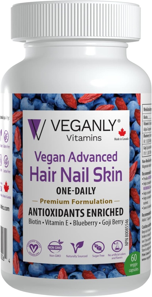 Vegan Advanced Hair Nail Skin One-Daily, 60 Veggie Caps -Antioxidant Enriched. Improve Hair, Improve Skin Health and Nail Health - Plant Based with Biotin & Natural Superfood