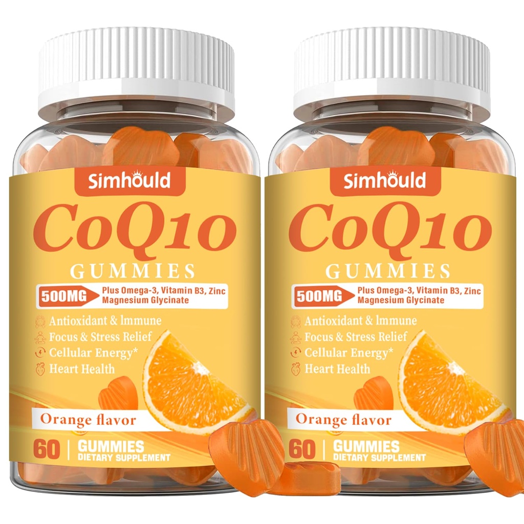 2 Pack CoQ10 500MG Gummys - Plus Omega-3,Magnesium,维生素B3 & Zinc - 3X 更好的吸收 Coenzyme Q10 心脏健康,细胞能和抗氧化剂,非GMO 120 计数的补充