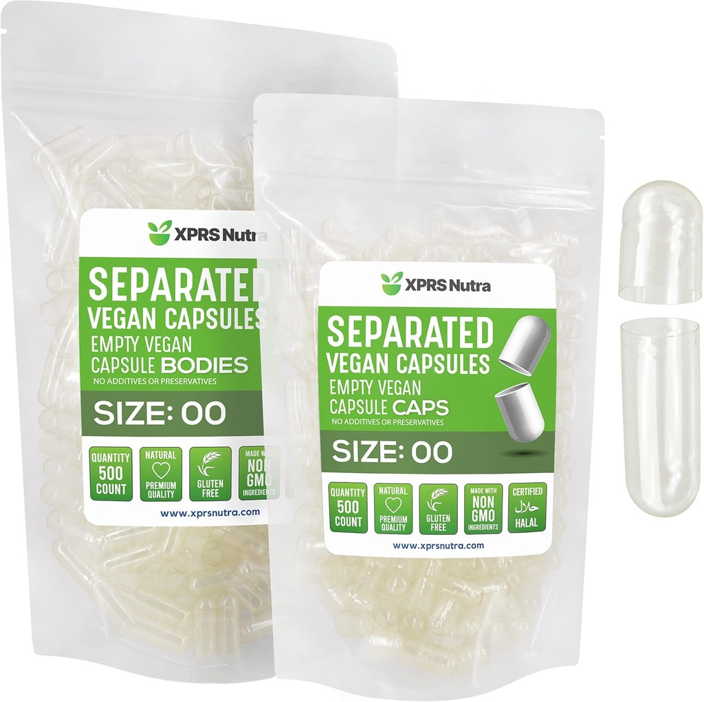 XPRS Nutra Vegan 大小 00 分离的顶盖 - 500 个在袋中分离的 Premium 清空顶盖 - 00 空的顶盖,用于 DIY 补充填充