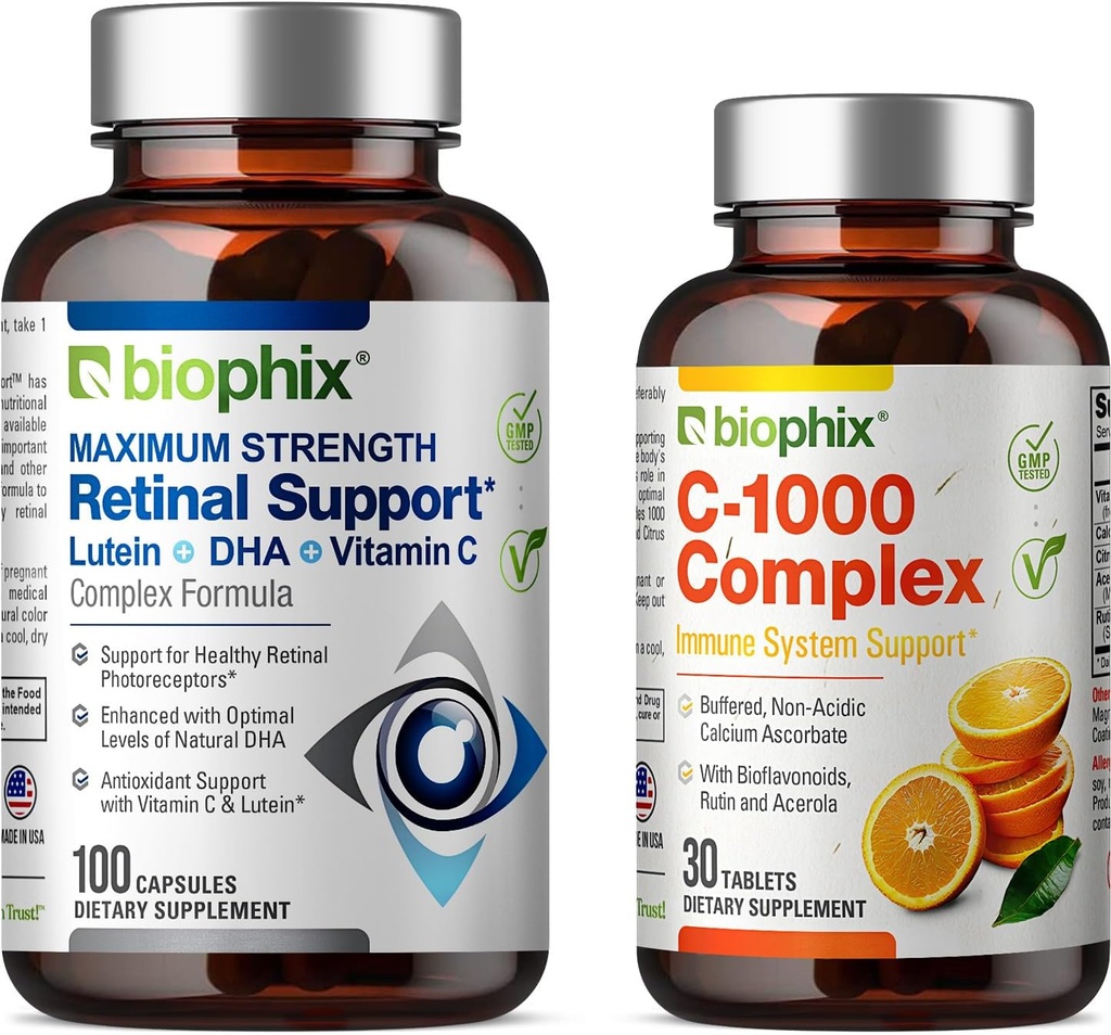 Biophix 视网膜支持最大强度复合公式 100 Capsules - 免费 C-1000 30 片 - 锌维生素 C E Lutein DHA Omega-3 Astaxanthin Hyaluronic Acid - 支持眼视健康