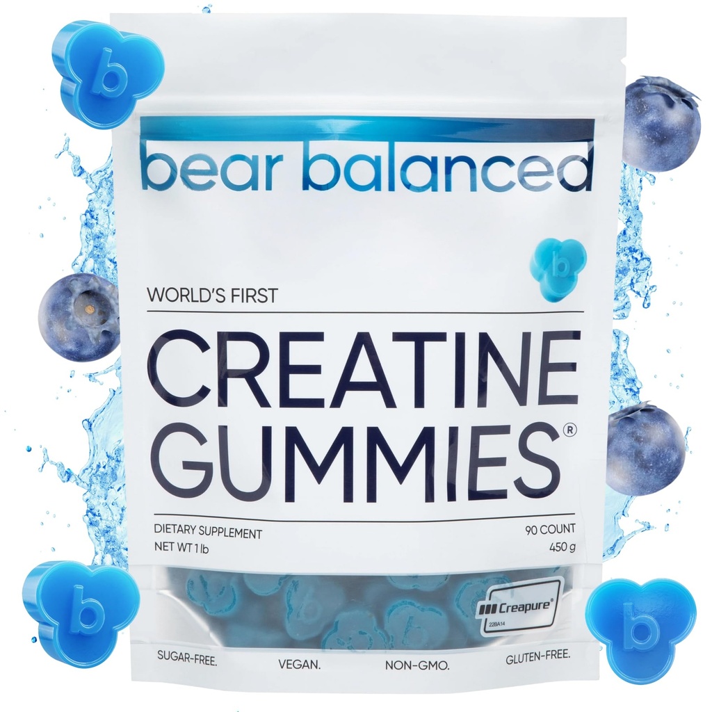 Bear Balanced Creatine Gummies for Men & Women - Creapure® Creatine Monohydrate, L-Theanine, L-Tyrosine & B12 for Muscle Growth, Strength, Focus, Energy & Health - Low Calorie, Sugar-Free, & Vegan