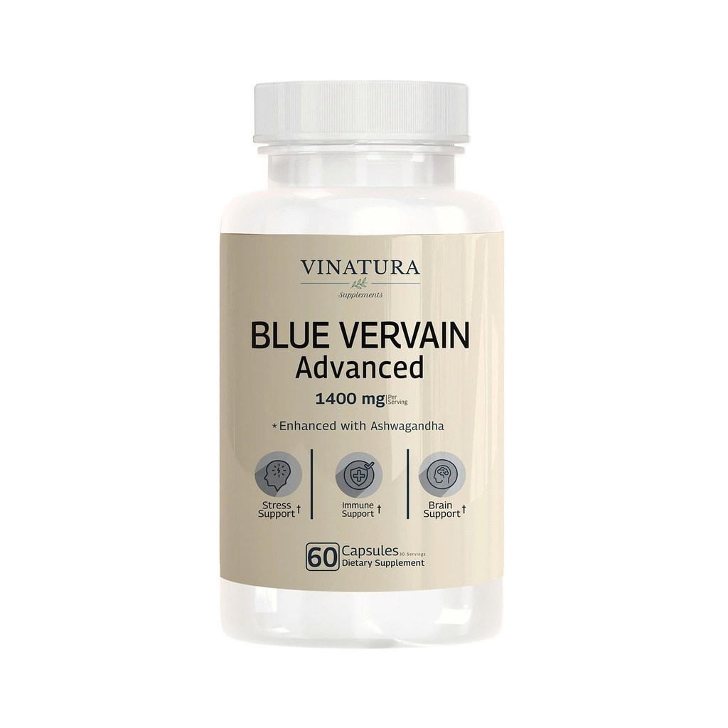 与Ashwagandha合作的VINATURA Blue Vervain Advance-每台1400mg,蓝Vervain Capsules,蓝Vervain茶叶替代品,脑健康,压力救济,Ashwagandha Suppers-60 Capsules