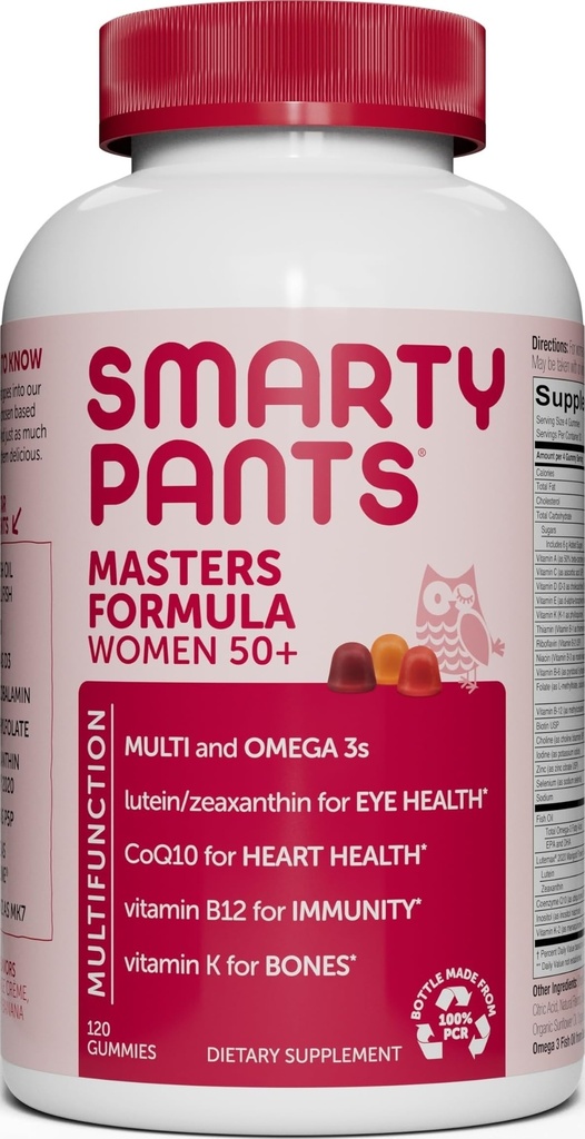 SmartyPants Multivitamin Gummy for Women 50 and Over: Omega 3 Fish Oil(EPA/DHA),甲基福莱特,CoQ10,维生素D3,C,维生素B12,B6,A,K & Zinc,Biotin,Gluten Free,120 Count(30天供应)