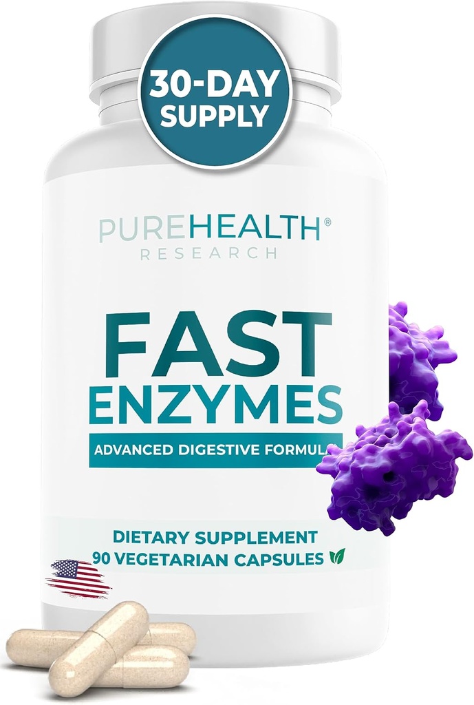 PUREHEALTH RESEARCH Made in USA Digestive Enzyme Supplement - Premium Lactase and Lipase Enzymes for Digestion - No More Bloating Relief & Better Digestive Health, 90 Capsules for 1 Month