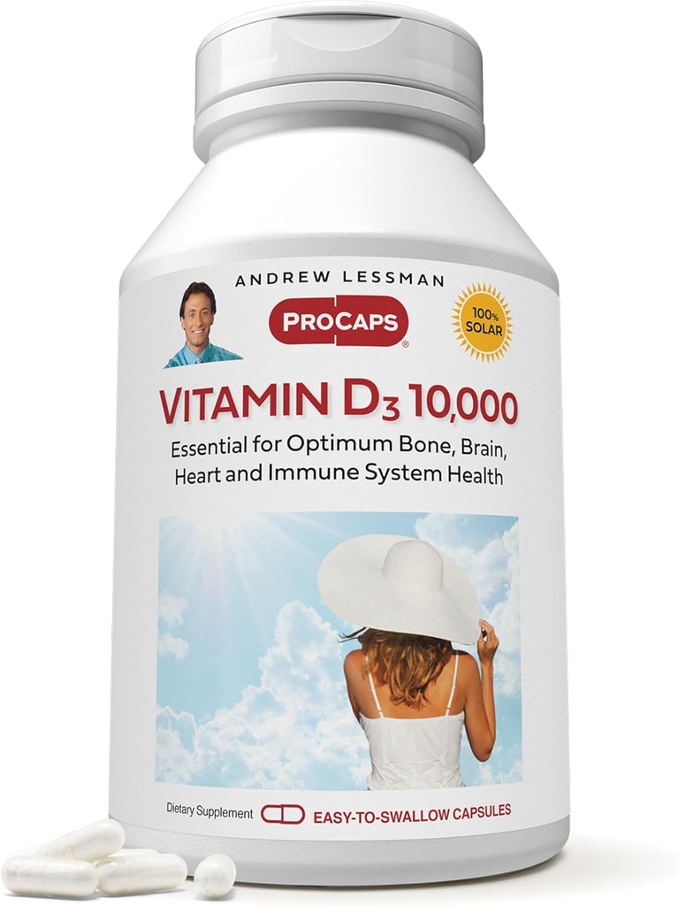 AndreW Lessman 维生素D3 10,000 IU 360 Capsules - 高可能性,对钙吸收至关重要,支持骨质健康,健康肌肉功能,免疫系统,更多。小容易吞咽 Capsules
