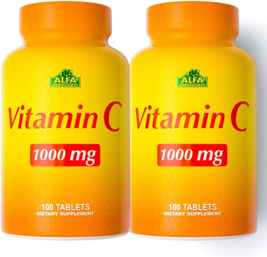 ALFA VITAMINS 维生素C 补充1000mg,强抗氧化剂用于免疫支持和健康皮肤,促进凝胶形成,日常健康饮食补充,100平板,2瓶包装