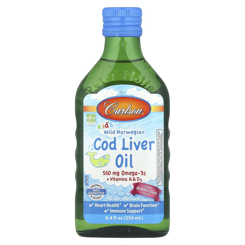 Carlson Kid's Wild Organian, Cod Liver Oil + 维生素A & D3, 泡泡胶, 8.4 fl oz(250 ml)