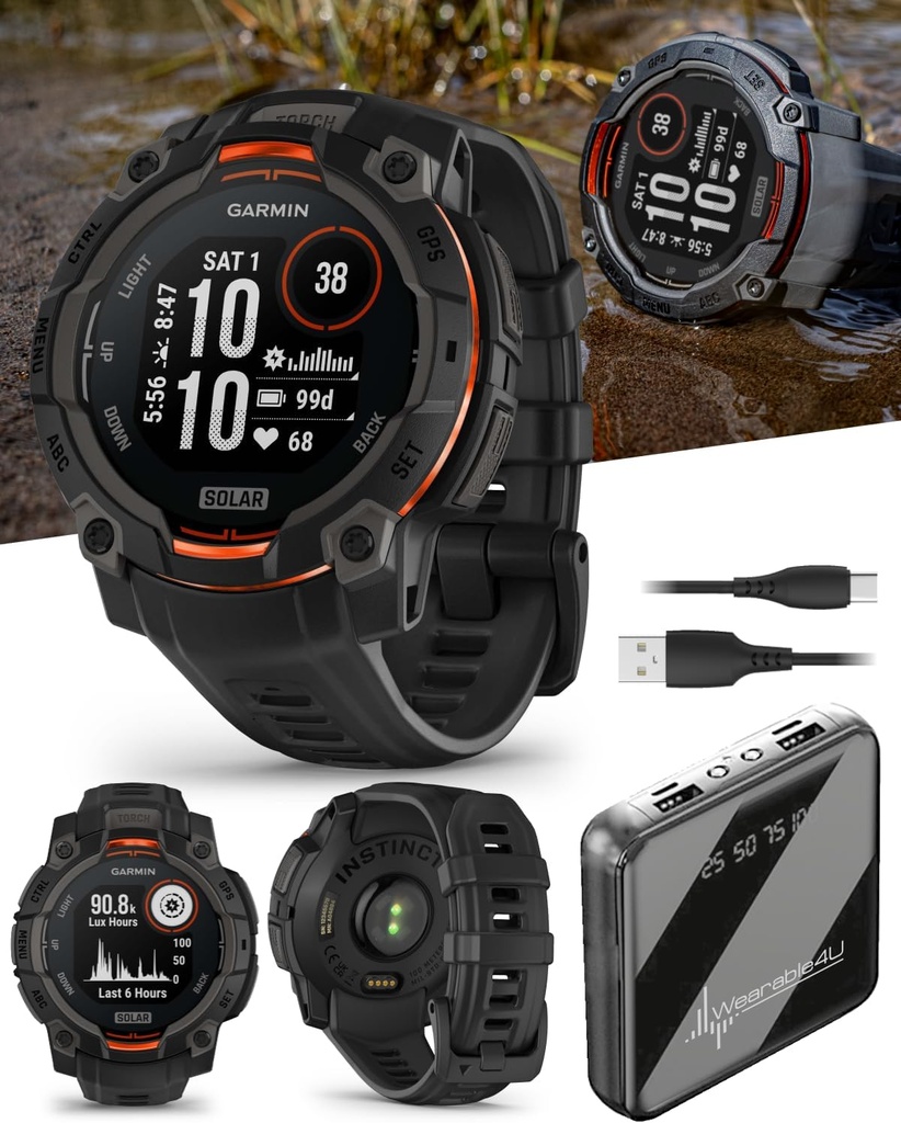 可穿戴4U Garmin Instinct 3 Solar 45 mm, Rugged Outdoor GPS Smartwatch, Metal-Reinformed Bezel, 内建闪光灯, 电池生活长达28天, 黑色与黑色乐队捆绑