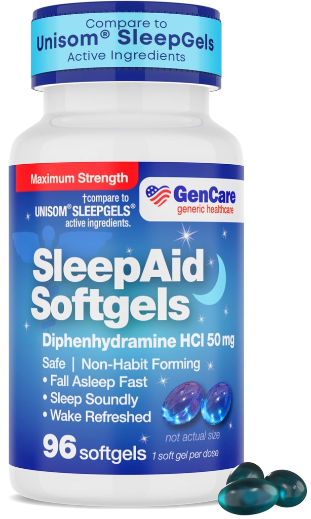 GenCare最大强度夜间睡眠援助补充剂 成人深眠药 双酚胺 HCl 50mg to Fall Asleep 更快 - 强非哈比人形成 PM 睡眠救济 [96 Softgels].