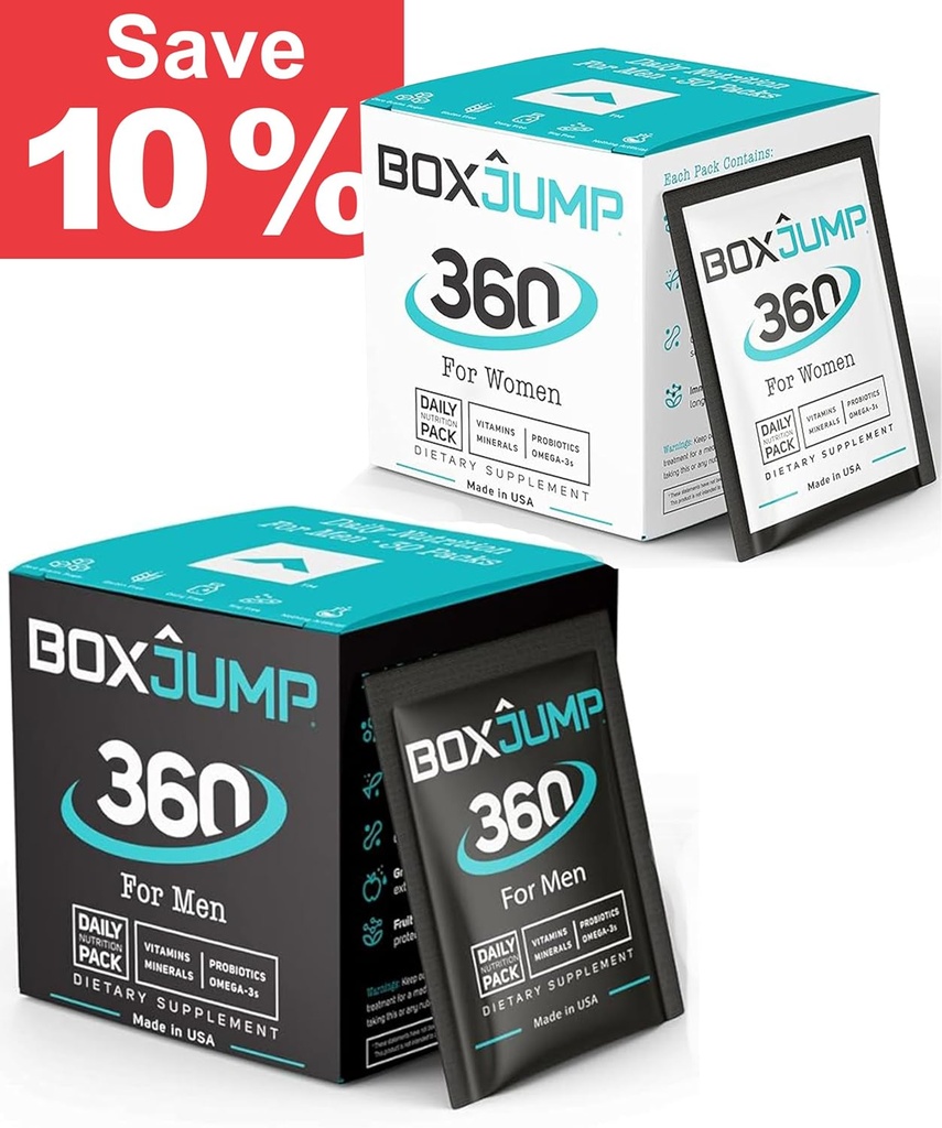 BoxJump Daily Multivitamin for Men and Men Pack of 2 - 男女基本矿物和维生素 - 助力能源,免疫支持,增强耐力 - 维生素D,C,A,E,B12+30日维生素包