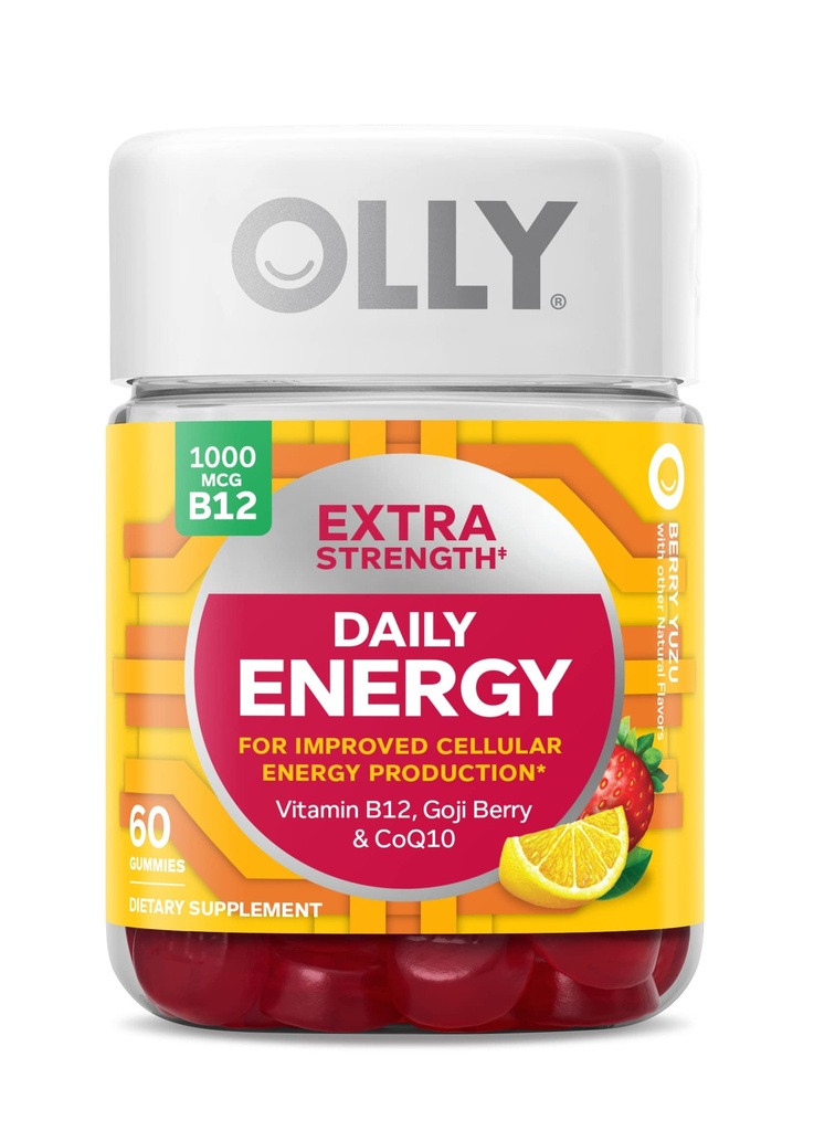 OLLY Extra Power Daily Energy Gummy,咖啡因免费,1000mcg 维生素B12,CoQ10,Goji Berry,成人厨师补充,Berry Yuzu Flavor - 60 Counter