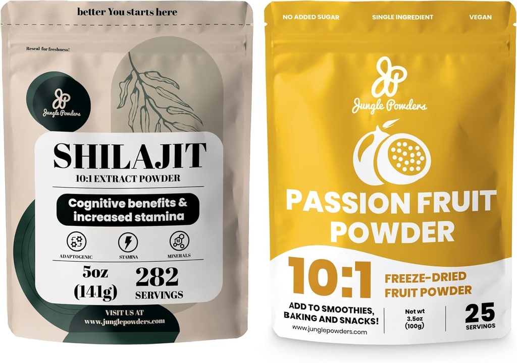 Junle Powers Premium Duo: 5oz Raw Shilajit & 3.5oz Passion 水果粉 - 男子能量支持, Imune Boost, 冷冻 Passion 水果粉用于烧烤, 滑滑块, Additive-free 提取器