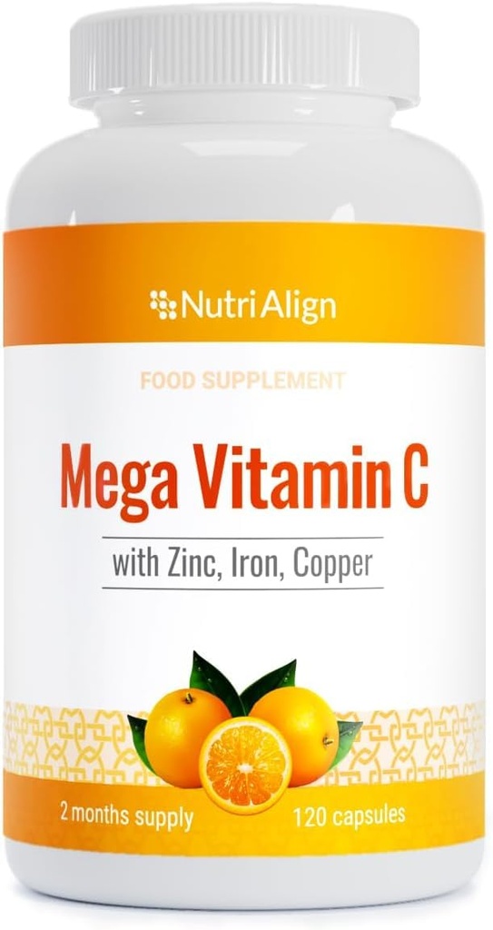 Nutri-Align Mega Vitamin C | 120 High Strength Vitamin C 1000mg Capsules - VIT C and Zinc, Iron & Copper Supplement | VIT C Supplements | Gluten & Sugar Free | Powerful Antioxidant