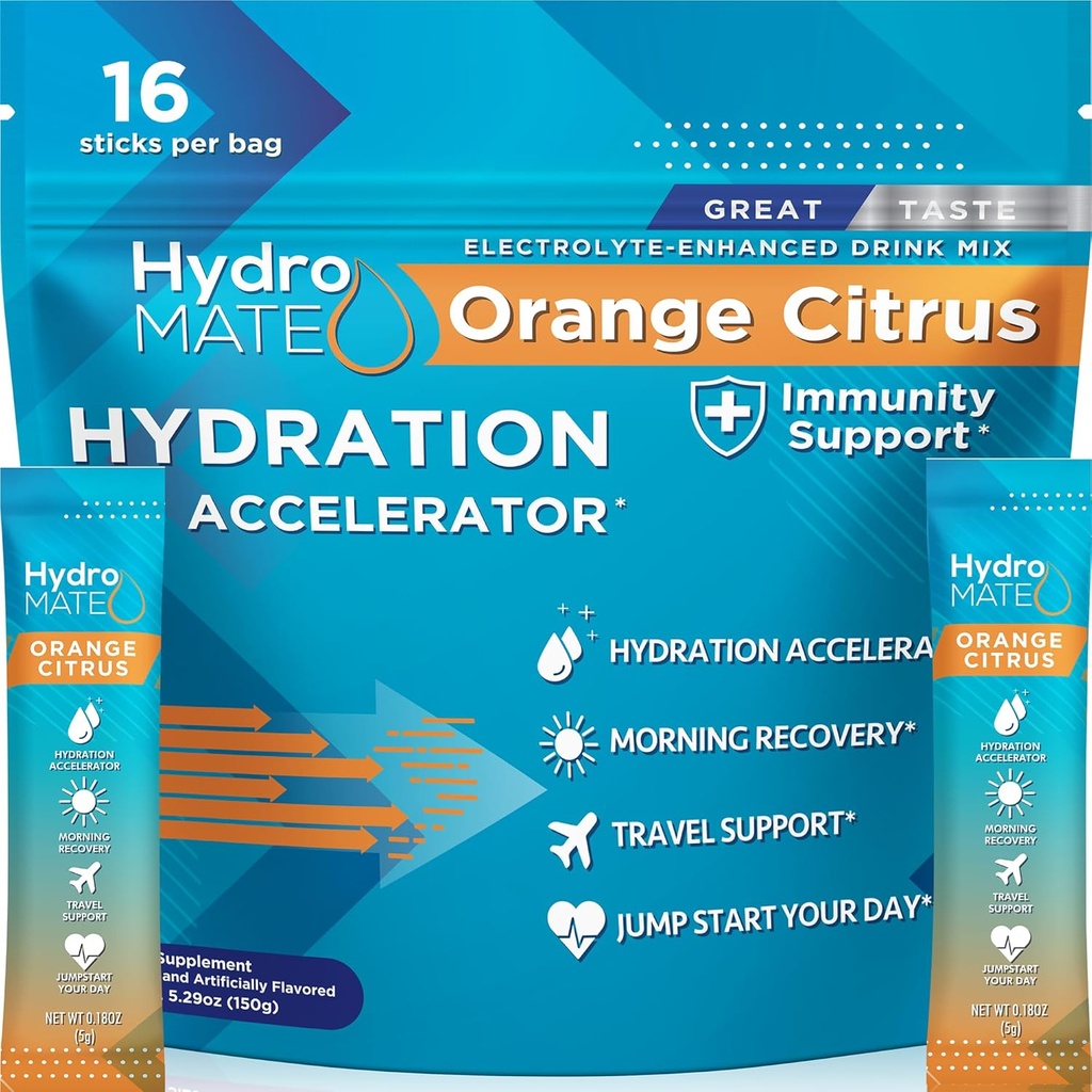 HydroMate 含低糖的电解石粉 - 16个含维生素C橙色到促进能量的即时水解包 - 低糖电解石粉包 支持水解用于快速党回收