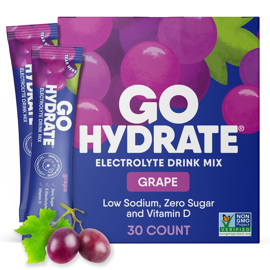 GoHydrate 即时水分粉包 - 低钠电解质 饮料混合 - 自然水分支持,无糖电解质 火药饮料 维生素D,30 Packs, Grape