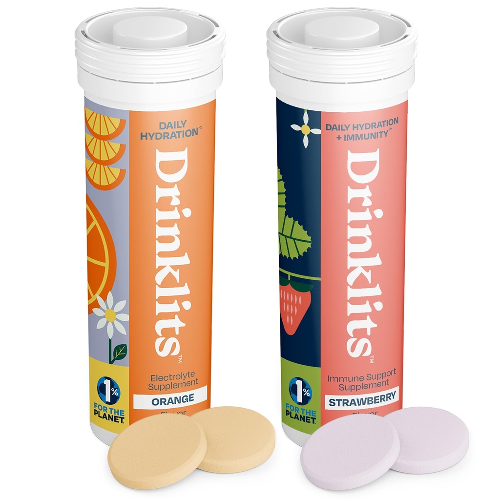 Drinklits 每日橙色水饮片+草莓豁免片(2) 管包 基本电解剂 — — 极品 — — 免疫支持 — — 20 种服务(每茎10片)