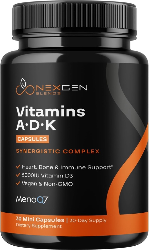 高吸收 ADK 维生素补充剂 - Vegan Vitamin D3 K2 MK7 & A 用于钙调节+ Bone 心脏甲状腺素和免疫支持 - Vitamin ADK 配有 5000IU D3 非 GMO 和 Gluten Free (1个月)