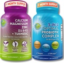 Bone Health & Gut Support Bundle – 3-in-1 Probiotic 50亿 CPU, Prebiotic and Digestive Ezymes + 植物基钙,镁,锌,D3,K2 & 有机图尔姆 – Vegan, Non-GMO, 清洁标签