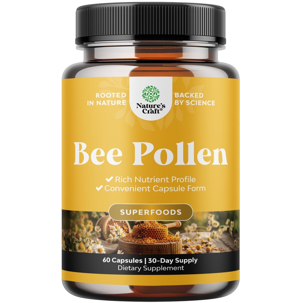 蜜蜂Pollen Pills for breast growth 60 Ct - Bee Pollen Supplement 1000mg 与自然产生的B维生素矿物和酶一起服务 - 乳房支持补充 - 蔬菜非GMO和Gluten Free