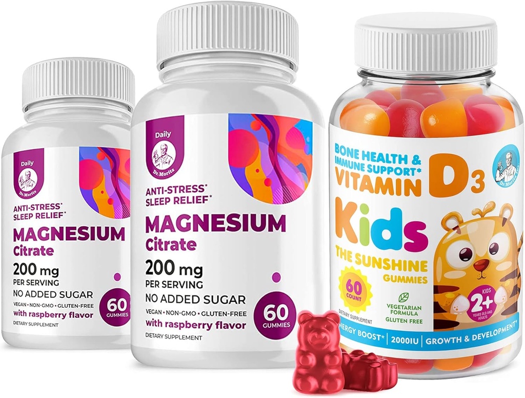 儿童与Adults2000的维生素D Gummys IU和Magnesium Gummys - 健康的维生素D3 补充1000IU - 蔬菜的无胶胶原支持 儿童与Adults的无糖镁 Calm Chews