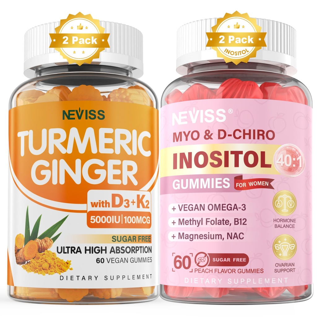 免糖 2Pack 涡轮姜 Gummys & 2Pack Myo-Inositol & D-Chiro Inositol Gummys