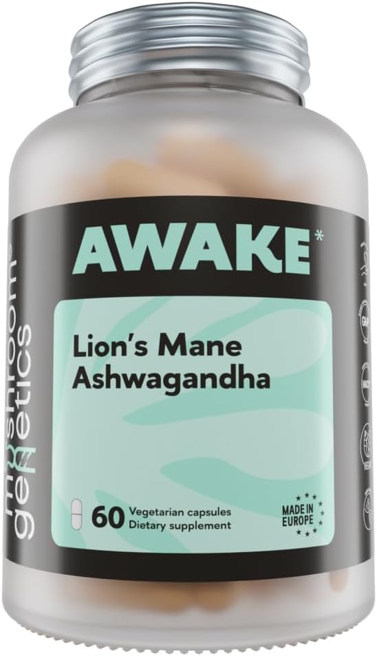 蘑菇基因 Lions Mane & Ashwagandha 补充 Capsules - 大脑、记忆和压力缓解的诺热带蘑菇 - 水果和 Ashwagandha Root for Focus, Energy & Wellness - 60 Capsules