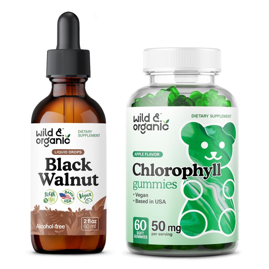 野生和有机黑胡桃叮当 2 fl oz & Chlorophyll Gummys 60 计数