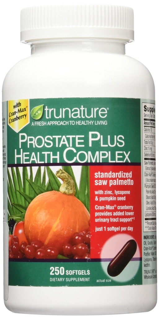 Trunature Saw Palmetto Palmetto 前列腺健康综合体,配有锌、Lycopene和南瓜种子,250软胶