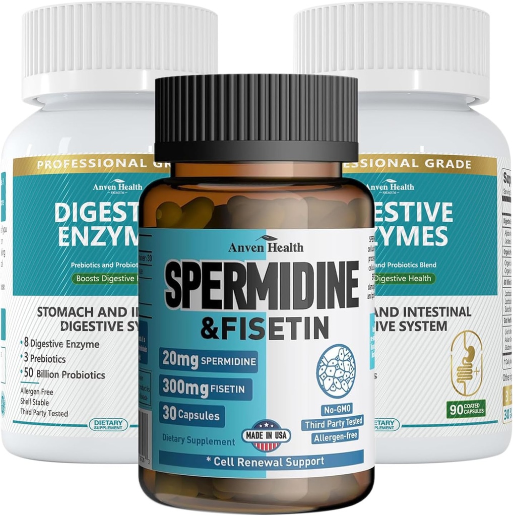 Spermidine & Fisetin 长寿套装:20mg Spermidine + 300mg Fisetin + Gut Health的消化酶 — 老年防御,细胞更新,以及男女消化救济