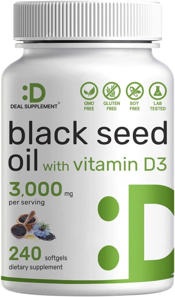 DEL Supplment 黑种子油 240软胶 – 冷椒奈杰拉 莎蒂瓦 自然发生Thymoquinone(TQ) – Non-GMO, No Gluten – Black Cumin 种子液囊带维生素D3