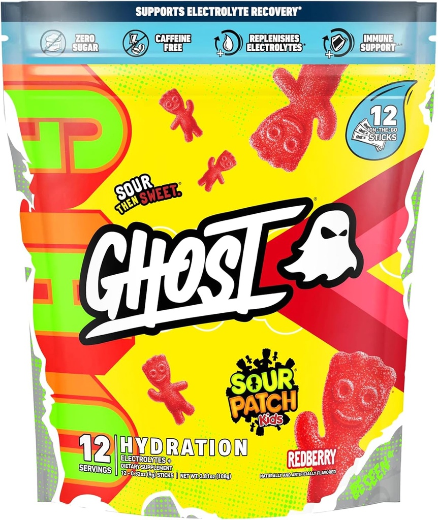 GHOST 水分包 酸补丁 孩子们红莓 12 棒 电解质 粉 - 饮用混合补充剂 镁 钾 钙 维生素 C - Vegan, 无豆 糖和胶